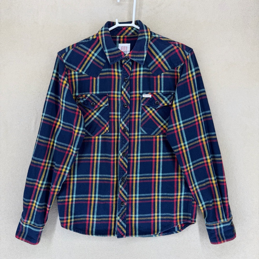 Topo Designs Plaid Western Button Up‎ Flannel Shirt Men's Medium Navy Blue